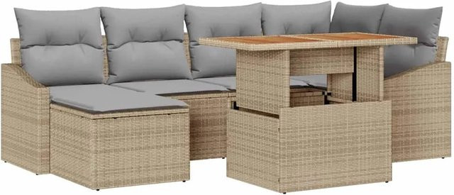 vidaXL Garten-Sofa-Set aus Poly-Rattan in Beige, 7-teiliges L-Shape Lounge-Set mit Stauraum und Polsterkissen - Bild 1
