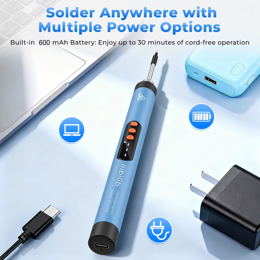 ILIBILIB HX7 Kabelloser USB-Lötkolben mit Akku und LCD-Display, 8W 5V, Temperaturregelung 260-420 °C, Schwarz/Blau - Bild 4