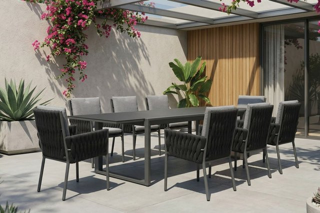OUTFLEXX Garten-Essgruppe aus Aluminium in Anthrazit mit Ausziehtisch und 8 Diningsesseln - Bild 1