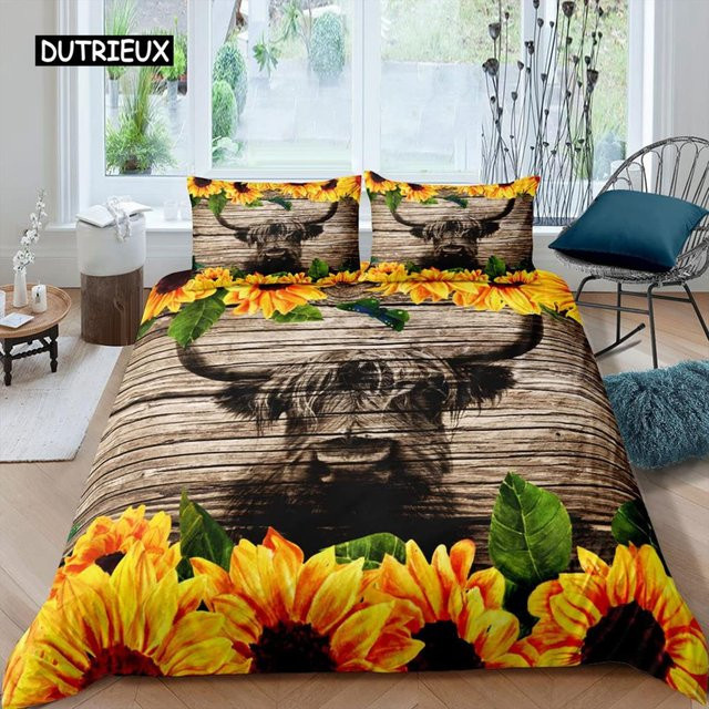 Bettwäsche-Set Highland Cow mit Sonnenblumen-Motiv von Binchi Outdoor Product, Schwarz, Mikrofaser, B/H: 155 x 215 cm - Bild 1