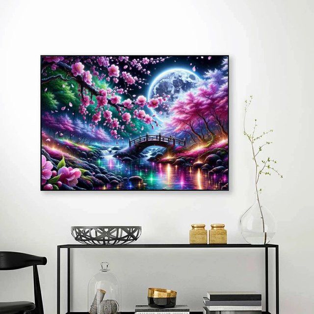 Potdemiel 5D Diamantgemälde DIY Landschaft mit Brücke, Fluss und Mond für Erwachsene und Anfänger - Bild 1