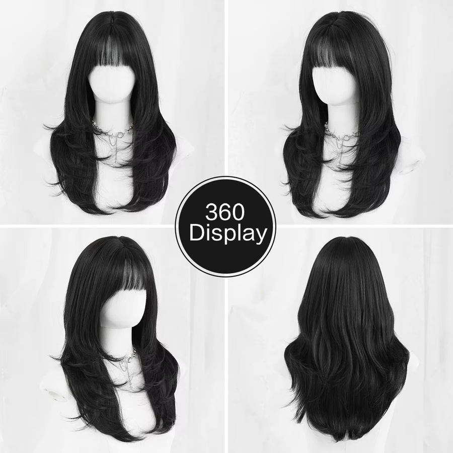 7JHH WIGS Perücke für Damen, schwarz, lang, gerade, geschichtet, mit Pony - Bild 4