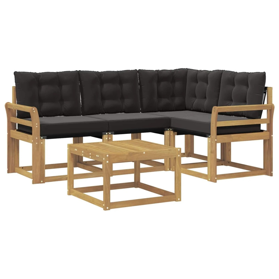 vidaXL Outdoor-Sofagarnitur 5-teilig in L-Form mit Kissen und Couchtisch, Weiß und Schwarz, aus Akazienholz und Textilene - Bild 2