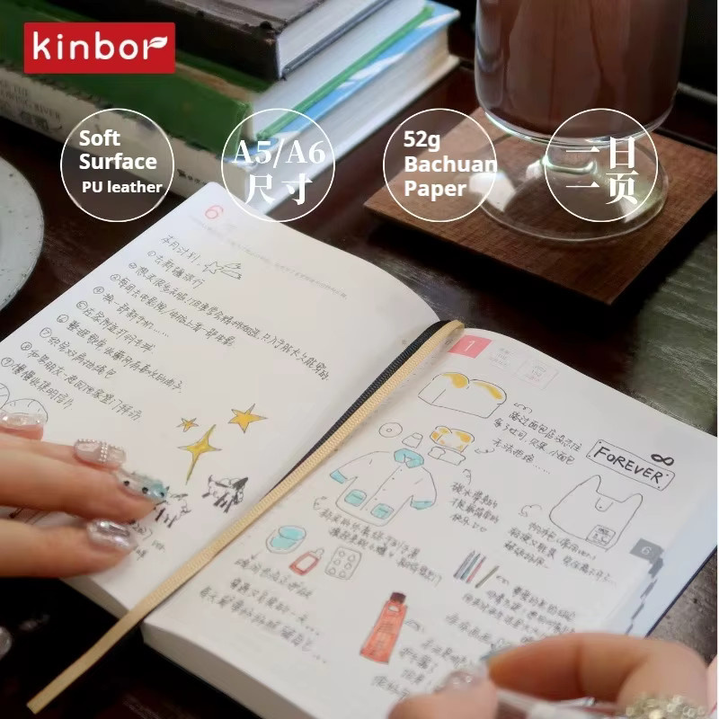 Kinbor Classic 2027 Tagesplaner aus schwarzem PU-Leder mit 52g Bawen-Papier, A5 Jahresplaner-Notizbuch - Bild 2