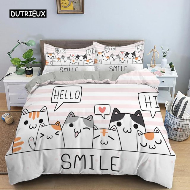 Bettwäscheset mit Katzen- und Cartoon-Kätzchen-Aufdruck von Binchi Outdoor Product, weiß, bestehend aus Bettbezug und Kissenbezug aus Polyester, Breite: 140 cm, Länge: 210 cm - Bild 1