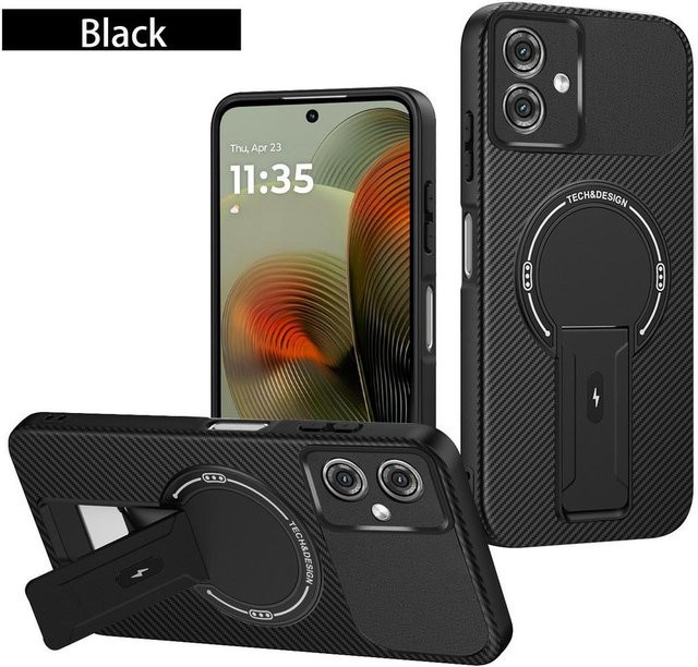 Kohlefaser Handyhülle mit unsichtbarem Ständerhalter und Magnetring für Motorola Moto G35 G54 G55 G75 G85 in Schwarz - Bild 1