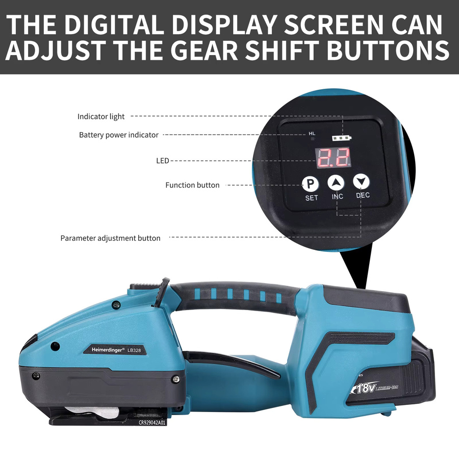 Heimerdinger 18V Umreifungsmaschine mit Digitalanzeige und Ein-Knopf-Schweißfunktion für 13-16mm PET/PP in Blau - Bild 2