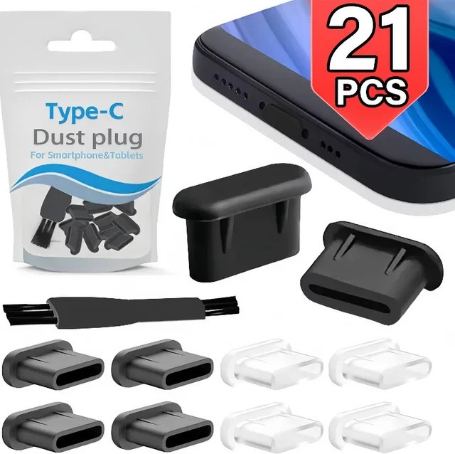 Silikon USB-C Staubschutz Kappen Set mit Reinigungsbürste in Schwarz für iPhone, Samsung, Xiaomi und Huawei - Bild 1