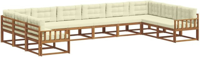 vidaXL Outdoor-Sofagarnitur aus massivem Akazienholz mit Kissen, 10-teiliges Set in Natur und Creme - Bild 1