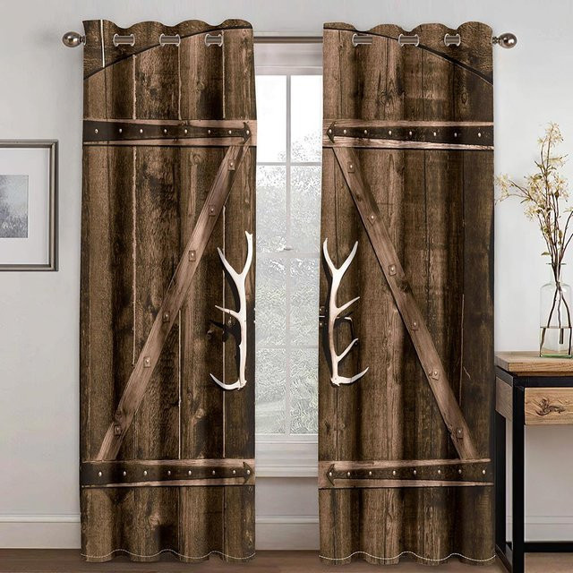 2er-Set 3D-Retro-Vorhänge mit Holztüreffekt in Braun, semi-transparent, Breite: 85 cm, Höhe: 200 cm - Bild 1