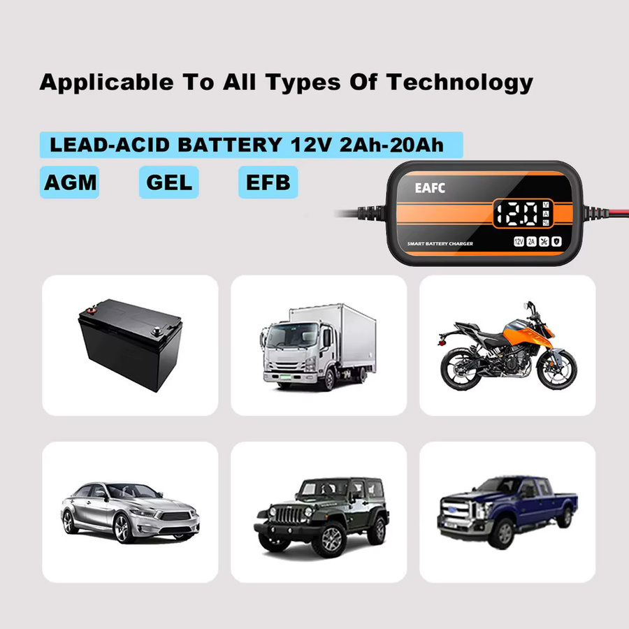 EAFC Intelligentes 12V Auto Batterie Ladegerät mit Digital Display zur Reparatur von Blei-Säure-Batterien für Auto, SUV und Motorrad, Schwarz - Bild 6