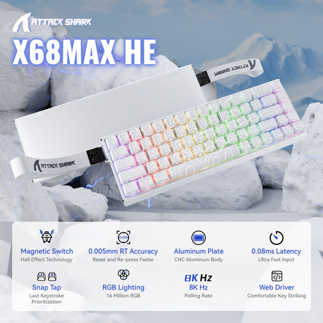 ATTACK SHARK X68MAX HE Rapid Trigger Aluminium-Tastatur mit Magnetschalter, 60 % Layout, 8 kHz Polling Rate, Hall-Effekt Technologie, Farben: Schwarz oder Weiß - Bild 1