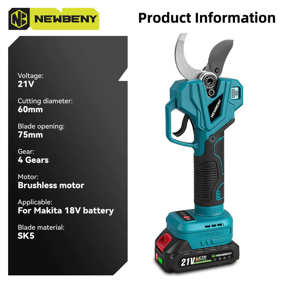 NewBeny Kabellose elektrische Astschneiderschere mit 4-Gang Bürstenloser Motor, 75mm Schnittkapazität, Türkis, kompatibel mit Makita LXT Akku - Bild 2