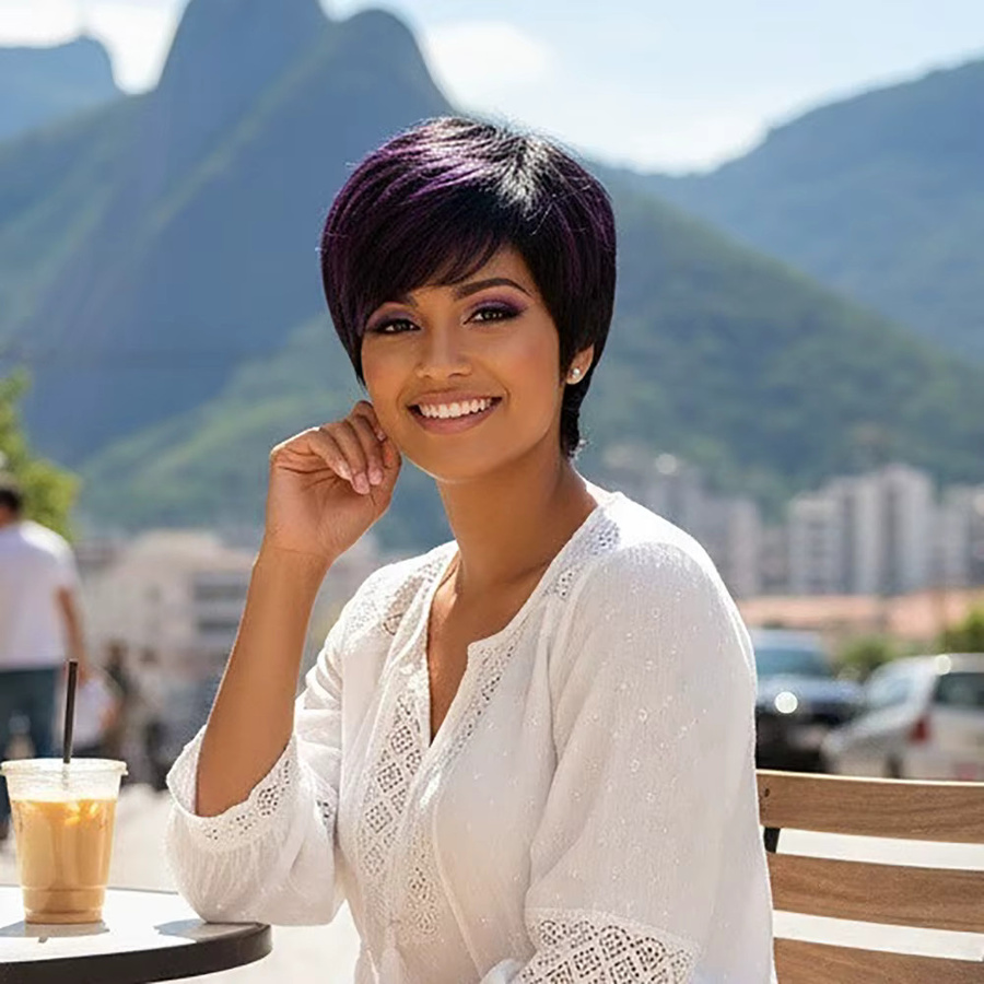 OYM HAIR Pixie-Perücke aus Echthaar, kurz, Schwarz-Lila, Damen - Bild 4