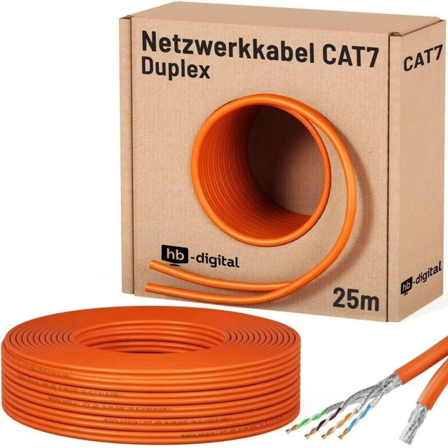 hb-digital CAT 7 Duplex Ethernet LAN Kabel S/FTP AWG23 LSZH Orange, 25 m - Bild 1