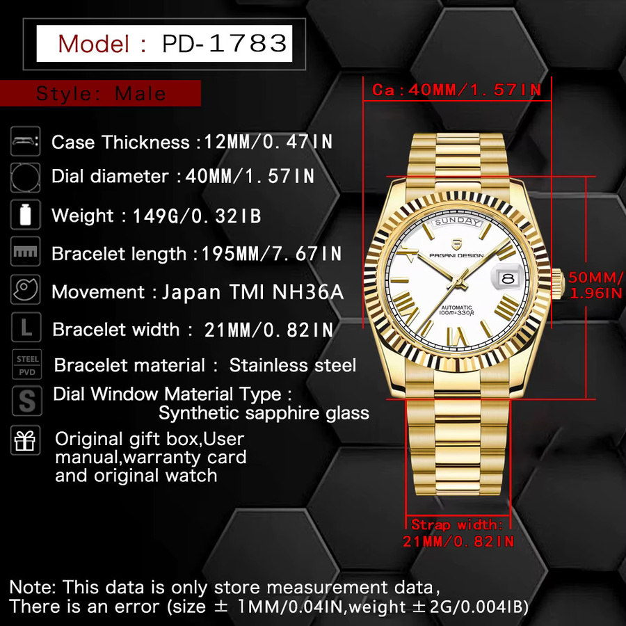 PAGANI DESIGN Armbanduhr, Automatik, Edelstahl, Gold, Weiß, Herren - Bild 5