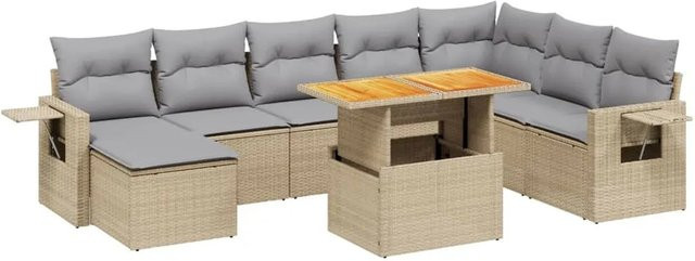vidaXL 9-tlg Garten-Sofagarnitur in L-Form aus beige farbenem Poly-Rattan mit wetterfesten Kissen und Akazienholz - Bild 1