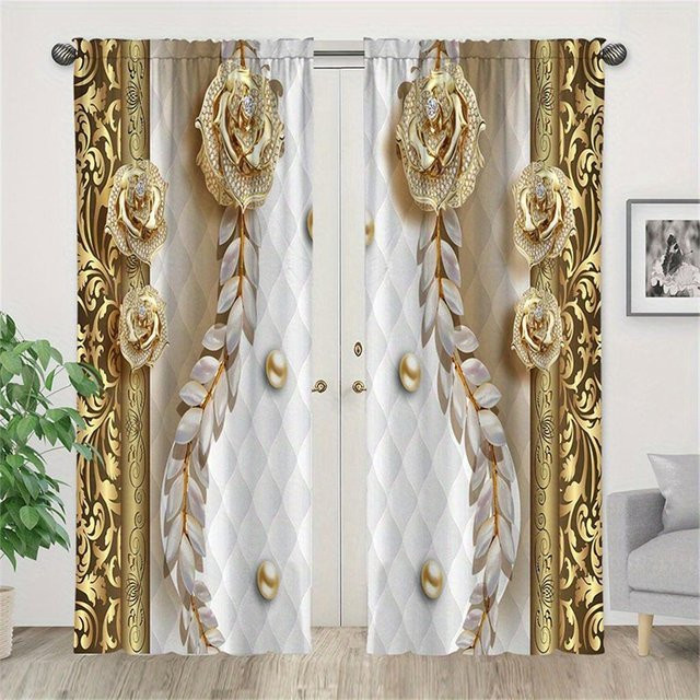 2er-Set Vorhänge mit goldenem Blumen- und Kristallmuster in Weiß und Gold, halbtransparent, Polyester, B: 70 cm, H: 245 cm - Bild 1