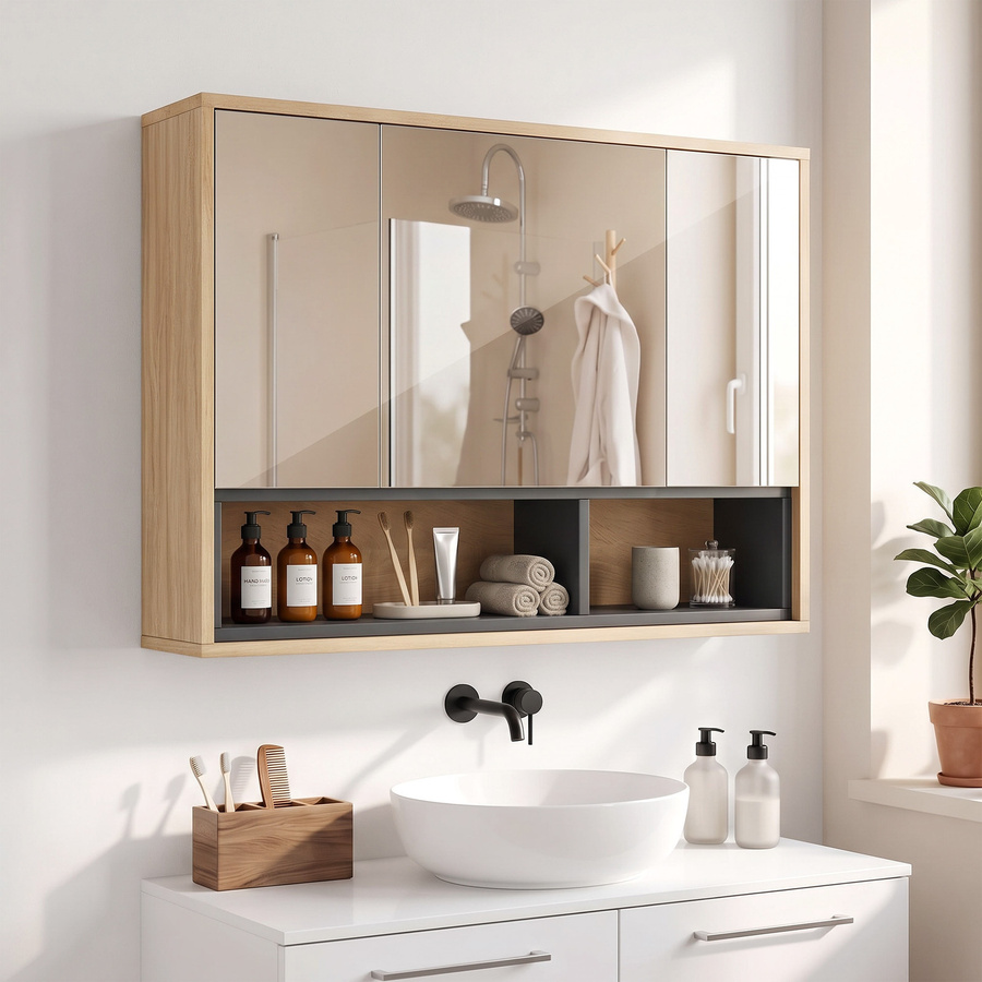 HOMCOM Spiegelschrank für das Badezimmer in Eiche, hängender Wandschrank mit 3 Türen und 8 Fächern, B: 80 cm, T: 20 cm, H: 60 cm - Bild 2
