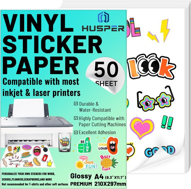 ESHANG Vinyl-Aufkleberpapier für Tintenstrahldrucker, 50 Blatt, A4, glänzend weiß, wasserbeständig und selbstklebend - Bild 1