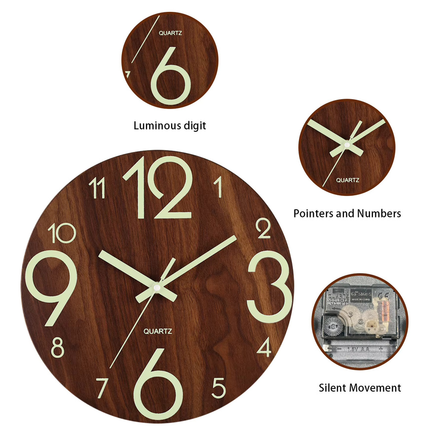 Digitale Wanduhr in Schwarz mit Nachtlicht, Rahmenloses Design aus Holz, Durchmesser: 30,48 cm - Bild 3