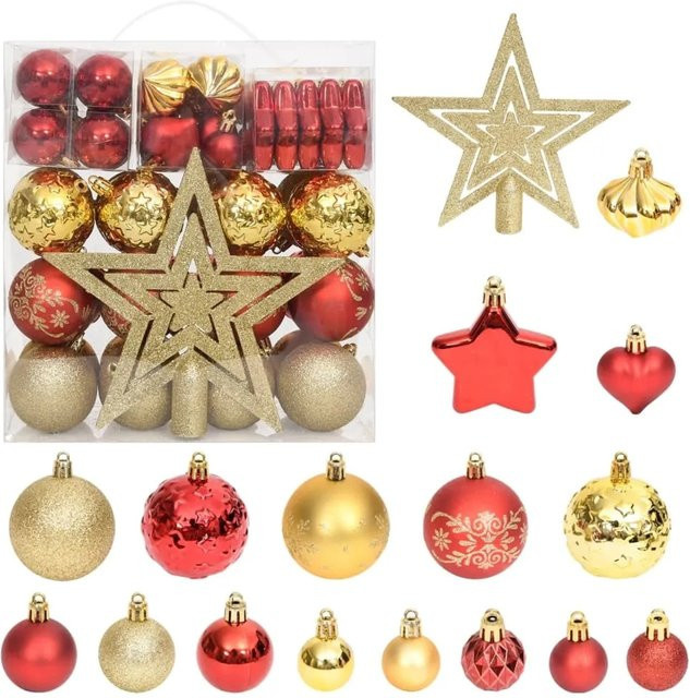 furnicato 70-teiliges Weihnachtskugel-Set in Gold und Rot mit Stern, Herz und Tropfen aus Kunststoff - Bild 1