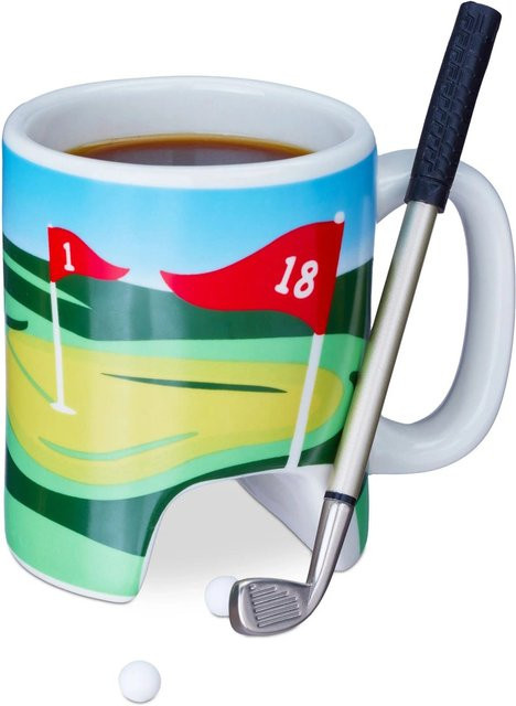 Relaxdays Keramiktasse im Golf-Design mit Kugelschreiber, Bunt, B/T/H: 10 x 12 x 8 cm - Bild 1