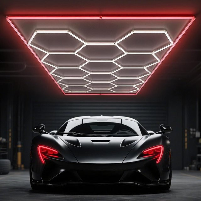 Oyajia 14er Set Sechseckige LED-Garagenbeleuchtung mit rotem Rahmen, moderne Deckenleuchten für Autoausstellungen, 6500K Kaltweiß - Bild 1