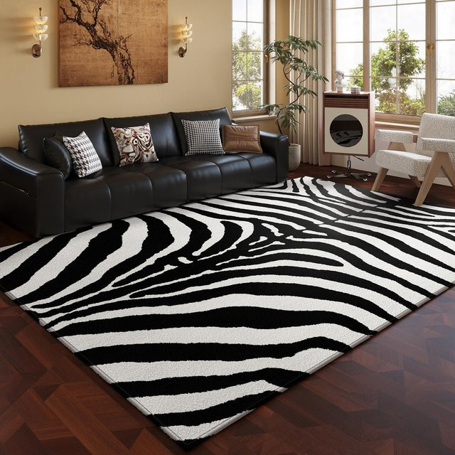 Weicher Plüschteppich mit Schwarz-Weiß-Zebra-Muster von syw two, B/B/H: 80 x 120 cm, Waschbar und Flauschig für Wohnzimmer und Schlafzimmer - Bild 1