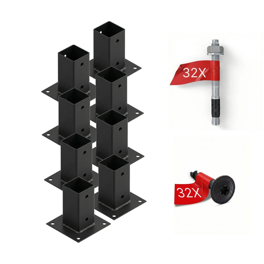 HOLLMAX Pfostenträger Set aus 8 Aufschraubhülsen für Vierkantpfosten, 71 mm, Schwarz matt pulverbeschichtet - Bild 2
