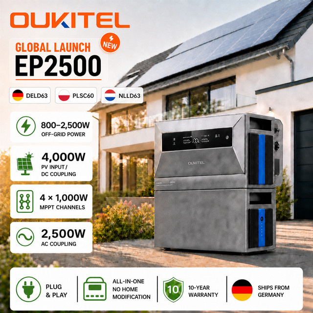 OUKITEL EP2500 All-in-One Balkon-Solarspeichersystem in Grau mit 2048Wh LiFePO4 Batterie, erweiterbar auf 16,38kWh, 4000W PV-Eingang und IP65 Wasserdichtigkeit - Bild 1