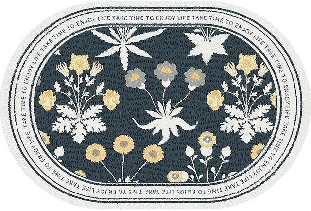 Ovaler Retro Badezimmerteppich in Blau mit floralem Design, rutschfest und saugfähig, Breite: 40 cm, Tiefe: 60 cm - Bild 1