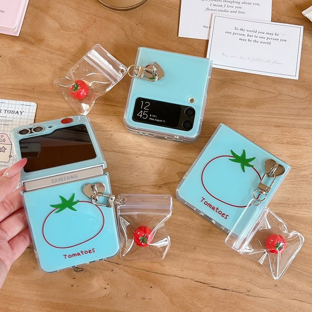 Handgezeichnete Handyhülle mit blauem Tomatenmuster und Anhänger für Samsung Galaxy Z Flip 7 6 5 4 3 - Bild 1