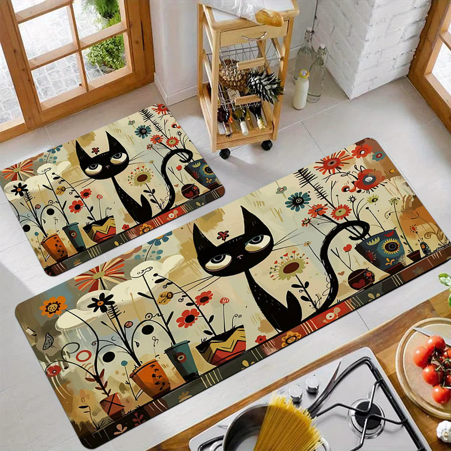 VIKAMA Bodenmatte mit Cartoon-Katzenmuster, rutschfest und wasserabsorbierend, rechteckig, mehrfarbig, B/T: 60 x 40 cm - Bild 3