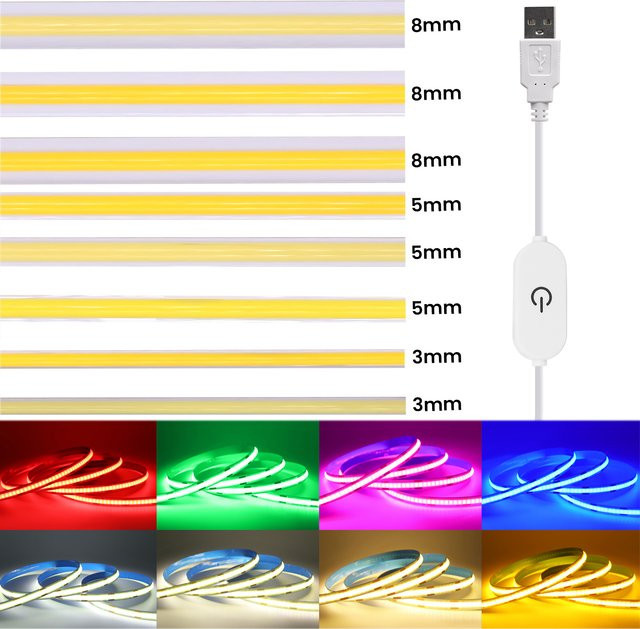 GAHADA COB LED-Streifen mit Touch-Schalter, RGB Multicolour USB 5V, flexibles Lineares Licht für TV-Hintergrundbeleuchtung und Wohnzimmer - Bild 1