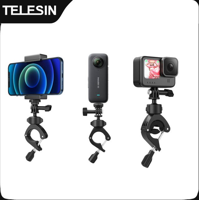 TELESIN Cycling Motorcycle Clip 360 Grad Super Clamp 1/4 Zoll Lochhalterung in Schwarz für GoPro, DJI OSMO Action und Insta360 Action Kameras - Bild 1