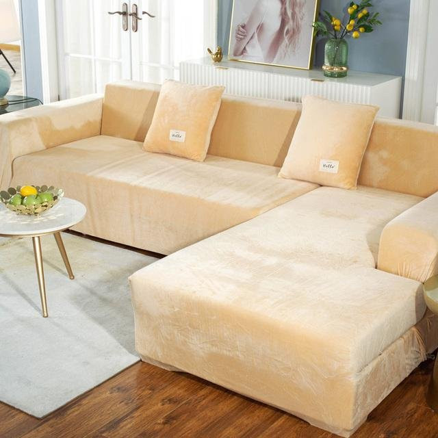 Elastischer Samt-Sofabezug für Chaiselongue und Ecksessel, Beige, 145-185 cm - Bild 1