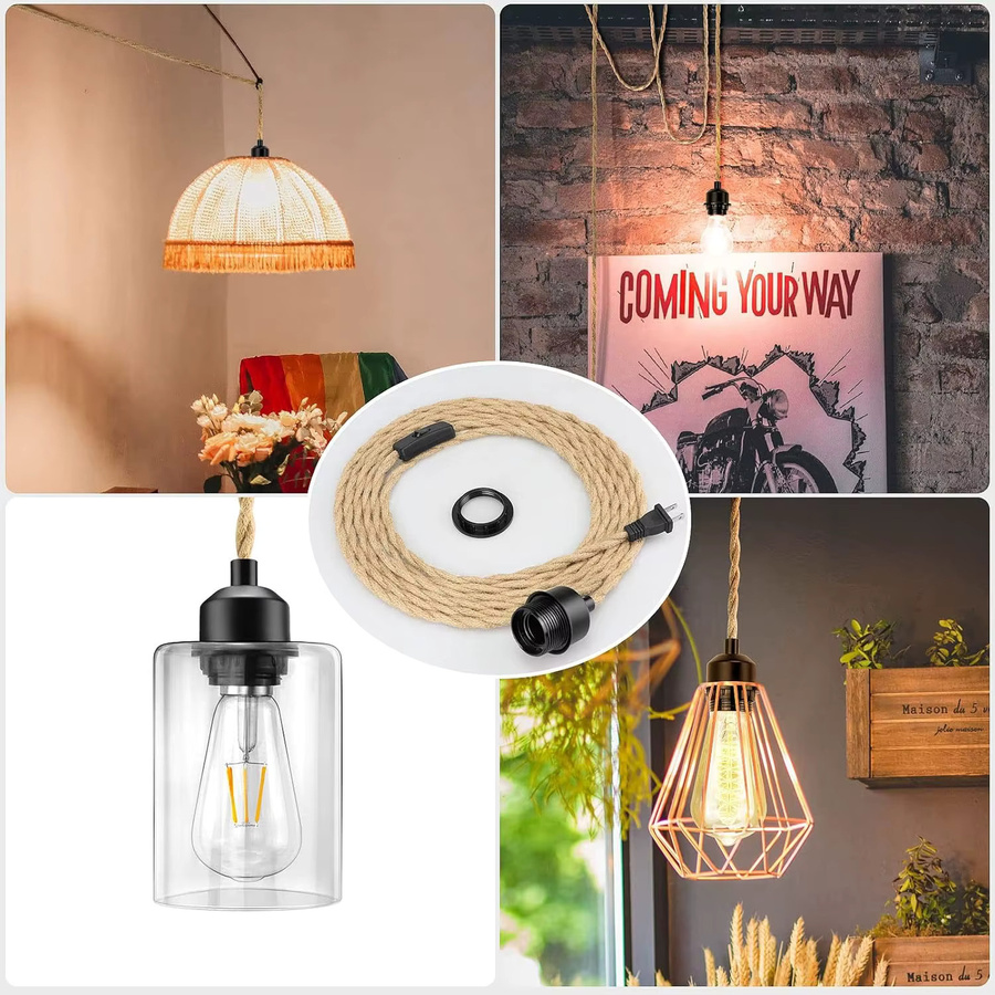 JOYINLED Steckbare Pendelleuchte Set mit Hanfseil-Kabel in Braun, dimmbare Hängelampe mit E27 Fassung und Ein/Aus-Dimmschalter im Industrial Design - Bild 3