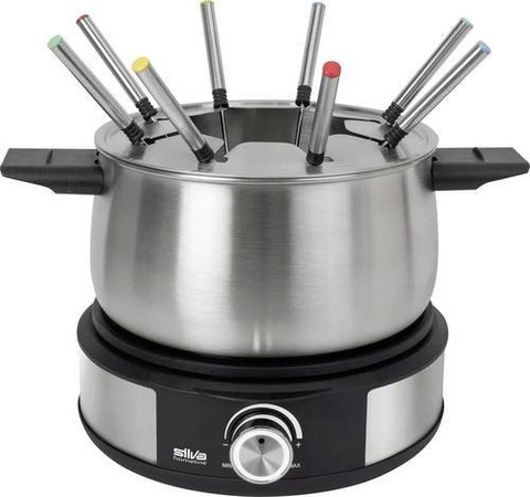 Silva PK-F 140 Elektro-Fondue aus Edelstahl in Schwarz und Silber mit 1500W Leistung, Überhitzungsschutz und 8 Fonduegabeln