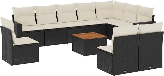 vidaXL 11-tlg. Garten-Sofagarnitur in L-Form aus Polyrattan und Akazienholz mit Kissen in Schwarz-Creme - Bild 1