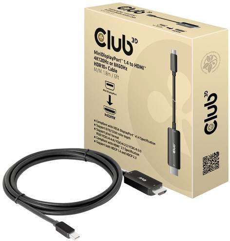 Club3D Mini DisplayPort auf HDMI Adapterkabel Schwarz, 1,8 m, unterstützt 8K 60 Hz und 4K 120 Hz, CAC-1187 - Bild 1