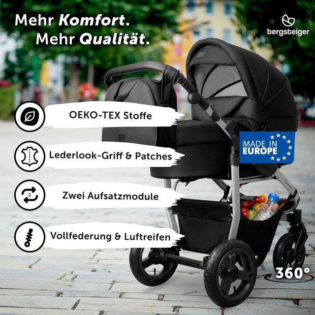 Bergsteiger Kinderwagen Capri Kombikinderwagen in Schwarz mit Sportsitz, Babywanne und Zubehör - Bild 1