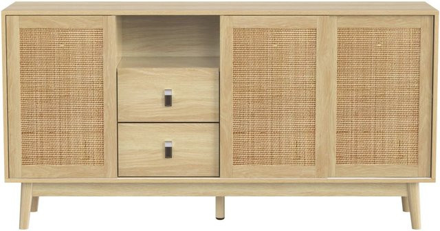 Sideboard PXloue in Beige mit echtem Rattan, 3 Schiebetüren, 2 Schubladen und Massivholzfüßen, B/T/H: 155 x 38 x 80 cm - Bild 1
