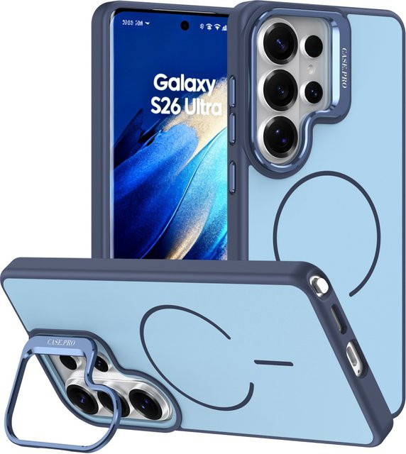 Magnetische Silikon Schutzhülle mit Ring-Objektivständer für Samsung S25 Ultra, S26 Plus und S24 FE, MagSafe kompatibel, stoßfest, in Orange oder Blau - Bild 1