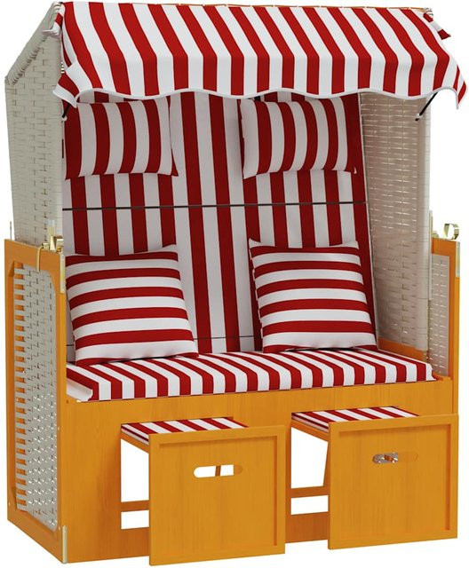 Strandkorb Yiwydaa aus Poly-Rattan und Massivholz mit Polsterung in Rot-Weiß gestreift - Bild 1