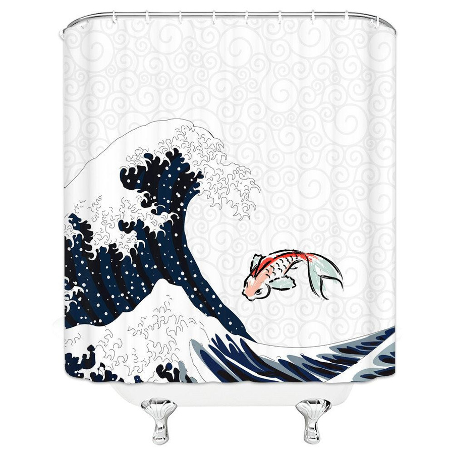 Japanischer Duschvorhang mit Meereswellen, Koi-Spray und Mount Fuji Landschaft aus Stoff in Multicolour, Breite: 90 cm, Höhe: 180 cm - Bild 2