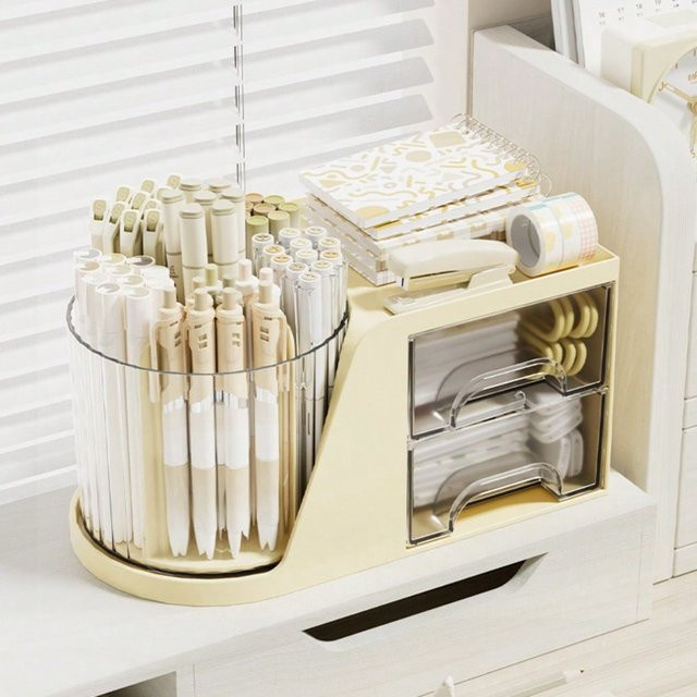 Rotierender Make-up Pinsel Organizer mit Schublade für Lippenstift und Lidschatten als Desktop Kosmetik Kommode - Bild 1