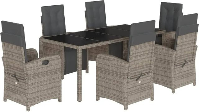 vidaXL 7-teilige Garten-Essgruppe aus Poly-Rattan mit Kissen und Hartglas in Grau - Bild 1