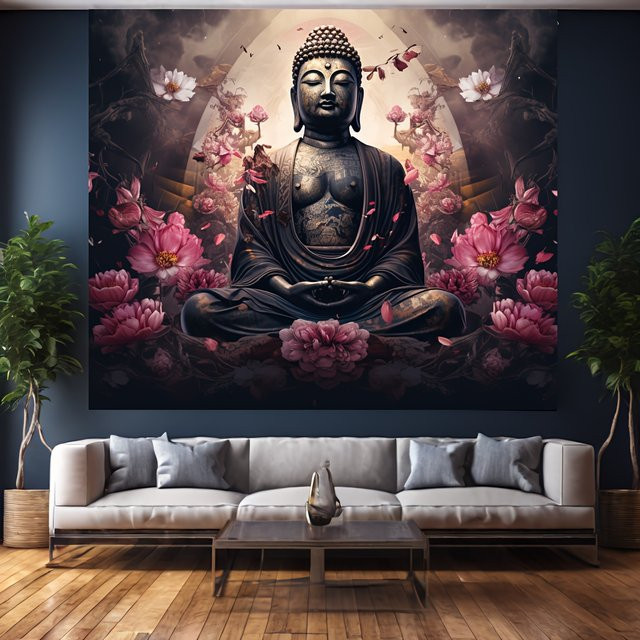 VIKAMA Zen Buddha Wandteppich mit Blumenmotiv in Multicolour für deine Heimdekoration - Bild 1