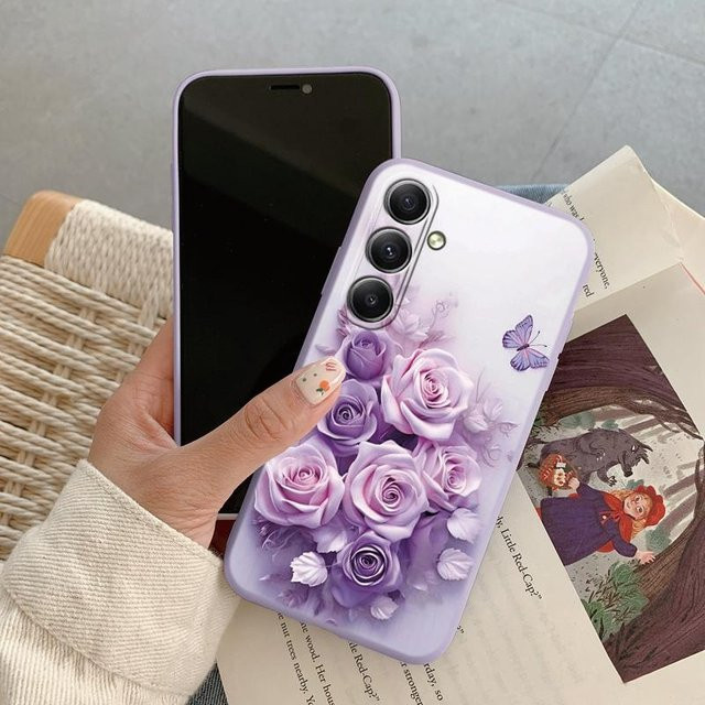 Funads Luxuriöse Blumenhülle für iPhone Samsung Galaxy A51 4G Xiaomi Redmi Note 13 Pro Huawei Honor Stoßfeste Matte Handyhülle in Purple - Bild 1